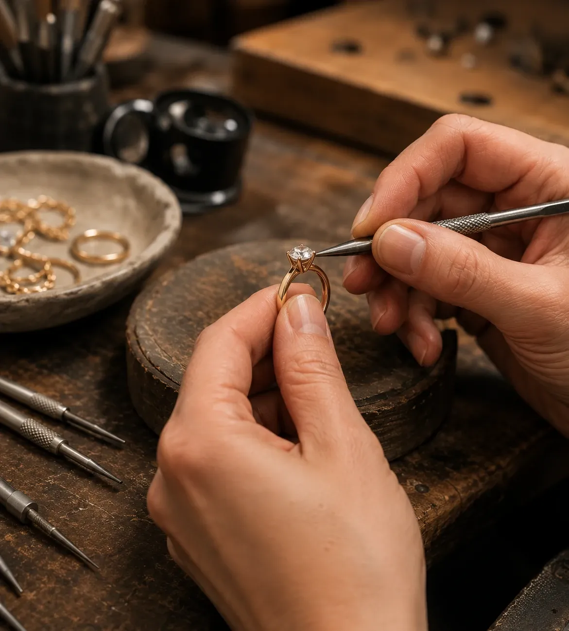 A goldsmith's hands setting a diamond into a gold ring at a wooden workbench