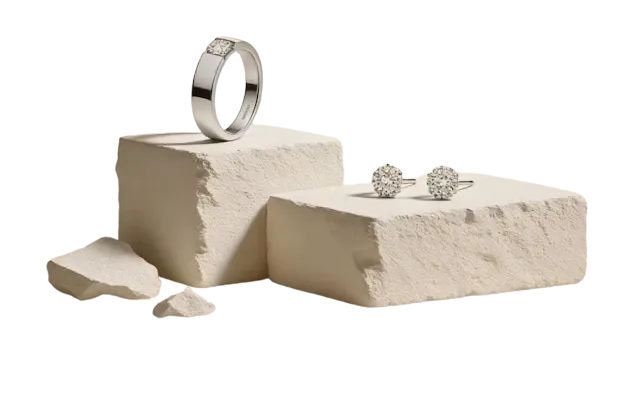 A platinum solitaire ring and diamond studs resting on raw stone plinths