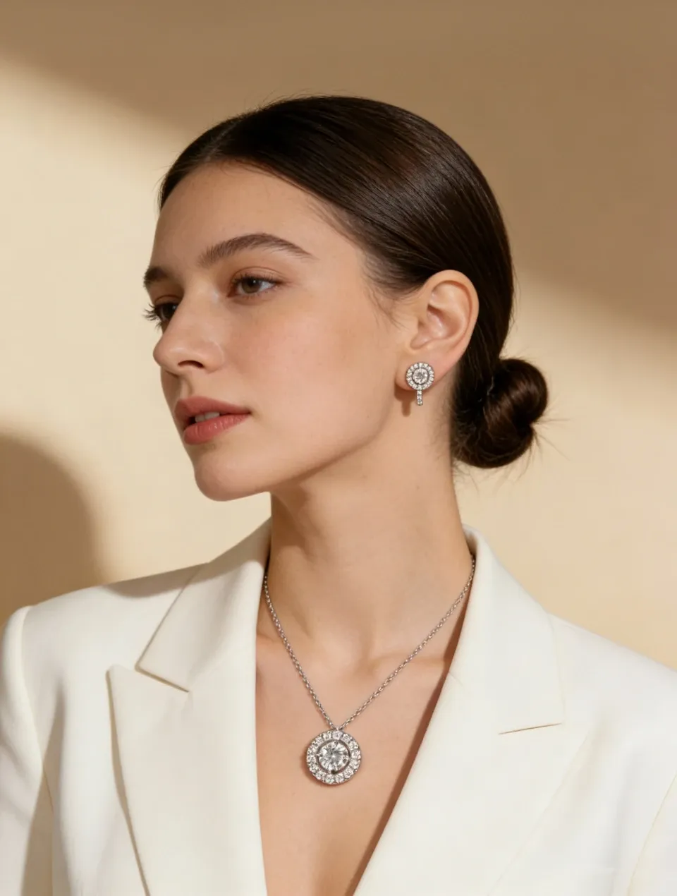 Model in an ivory blazer wearing a diamond halo pendant and matching drop earrings