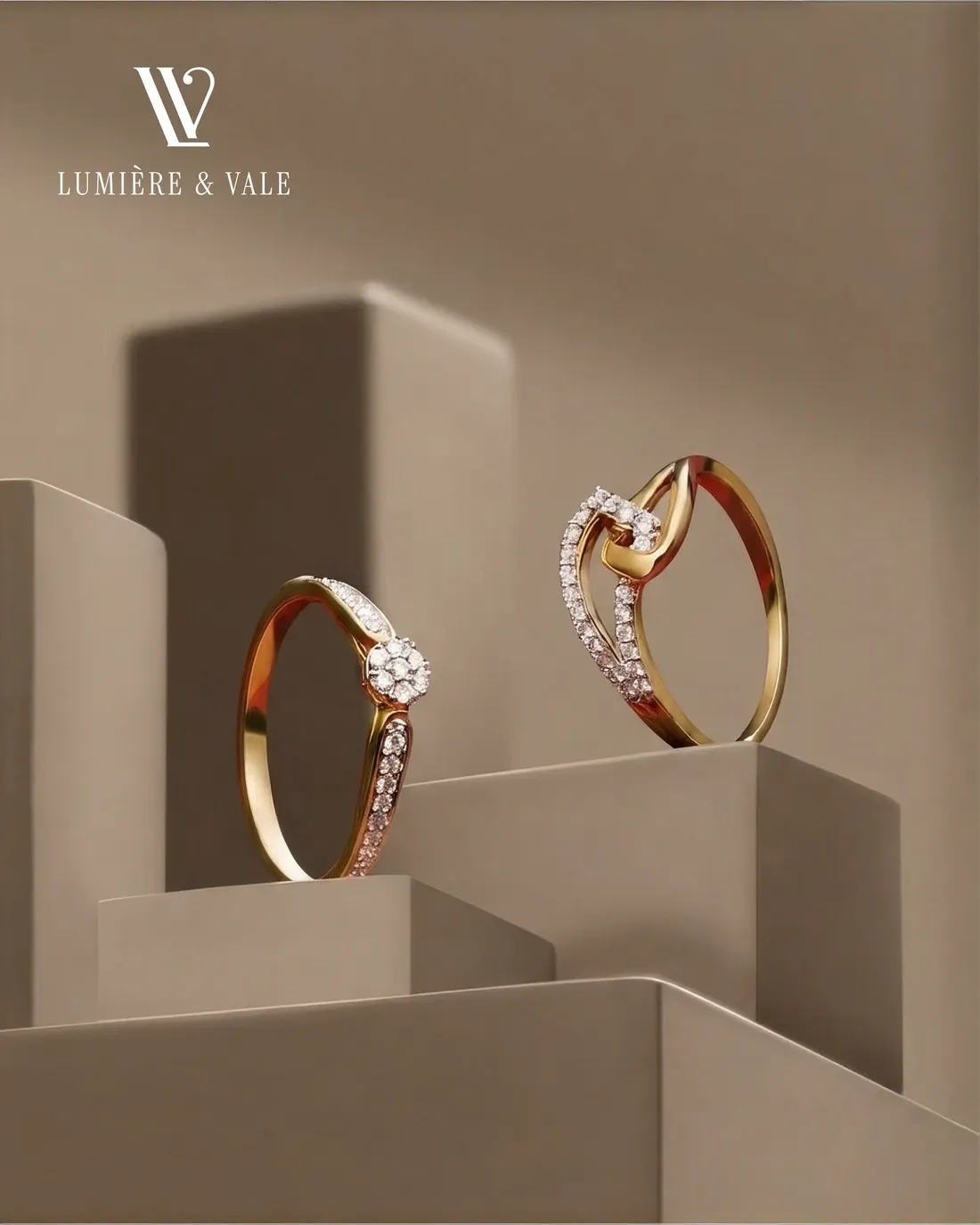 Two diamond rings displayed on stone risers