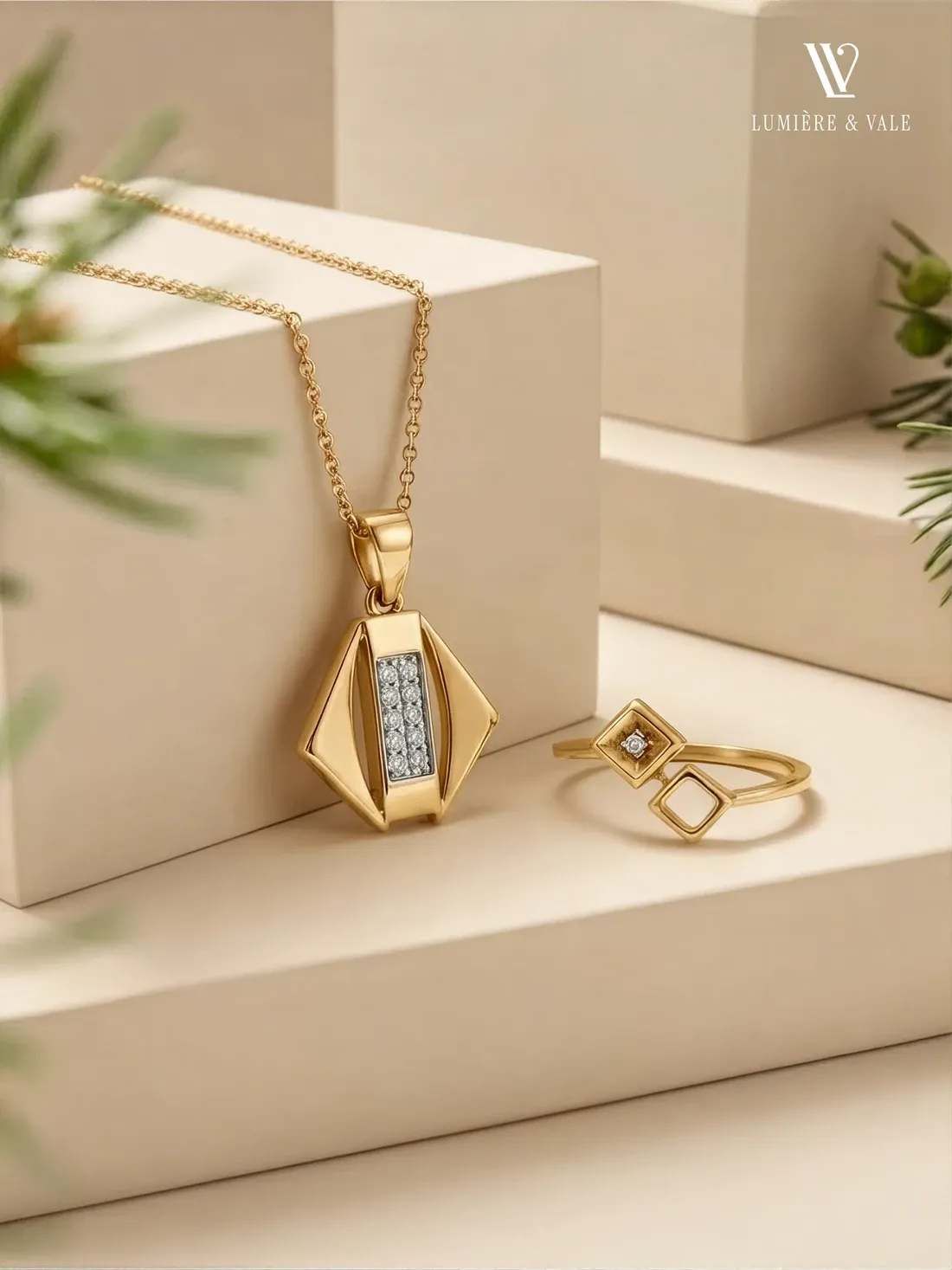 Geometric gold pendant set with baguette diamonds