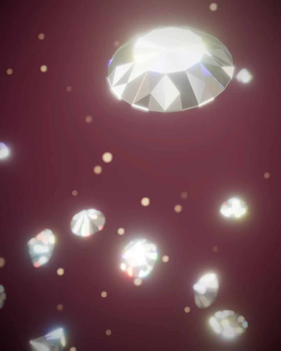 Brilliant-cut diamonds falling through deep plum light