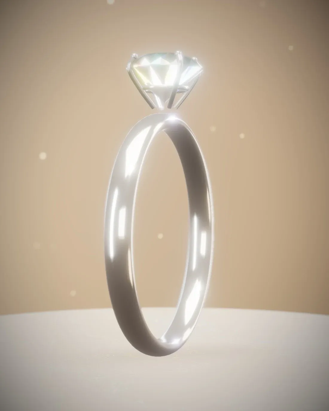 A platinum solitaire ring standing on a stone pedestal