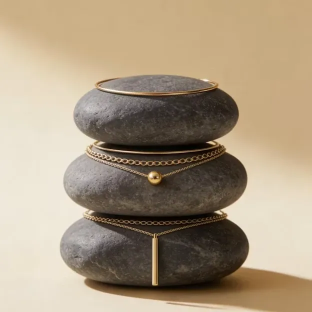 Hawthorn twig necklaces draped over stacked river stones