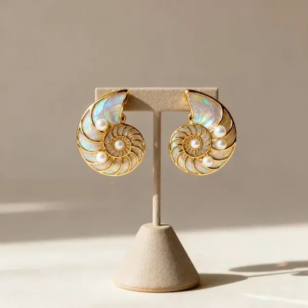 Gold and mother-of-pearl earrings displayed on a stone stand
