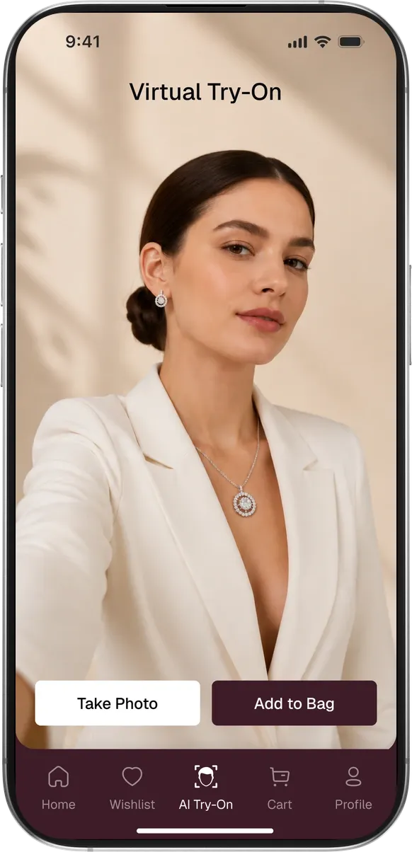 Phone showing the Virtual Try-On screen with a model wearing a halo pendant